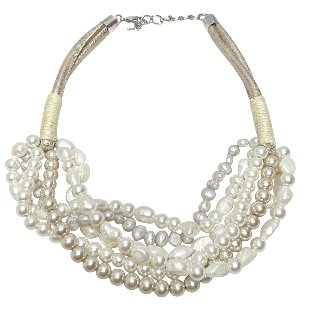 Multi Strand Pearl Necklace Statement Choker Silv… - image 1